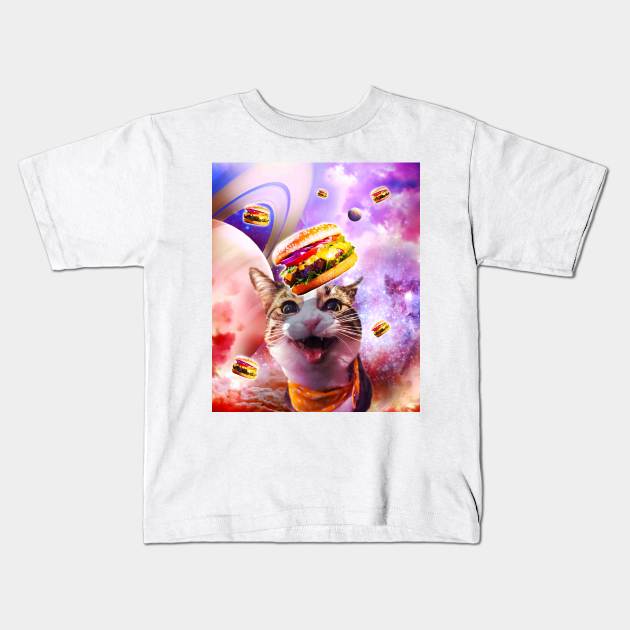 Space Galaxy Cat With Cheeseburger Burger Kids T-Shirt by Random Galaxy